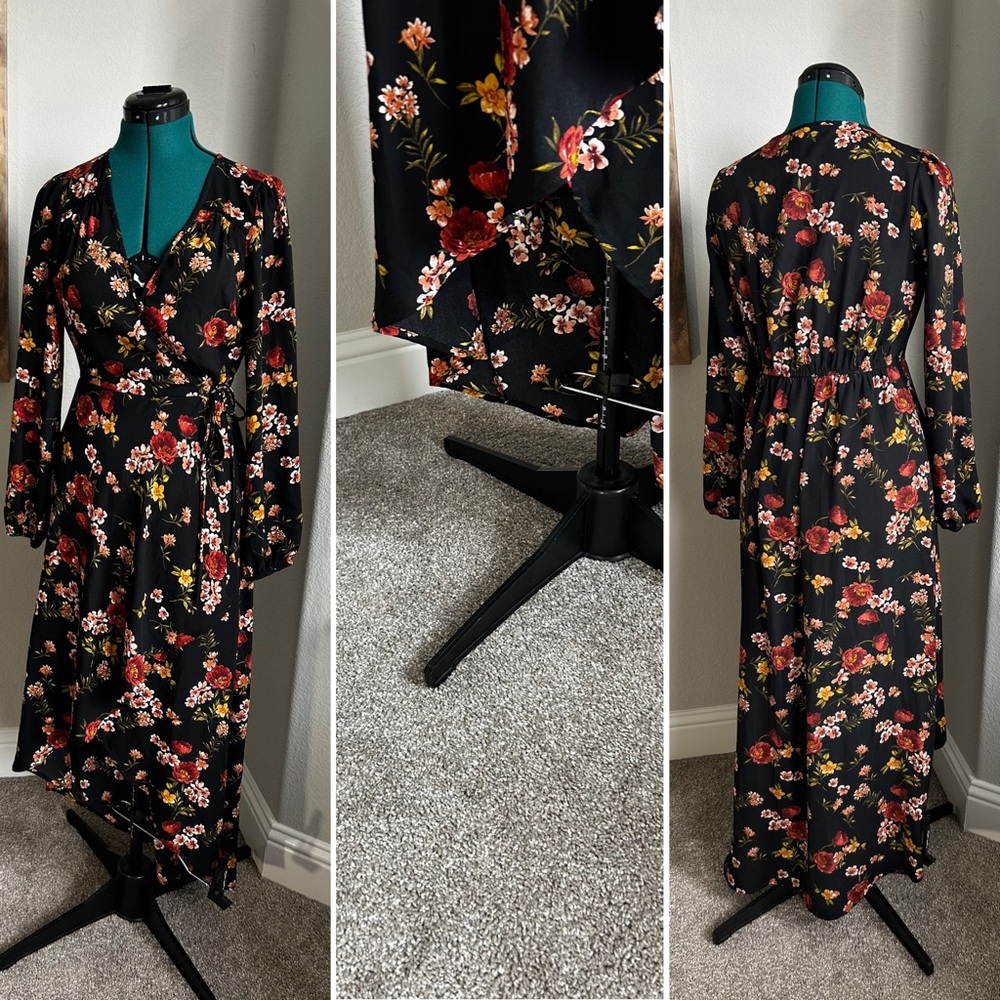 Faux wrap dress, black with orange, yellow, and cream flowers. High low style.